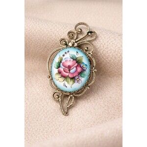 Vintage Hand-Painted Porcelain Floral Brooch Pink Rose Filigree Cottagecore Pin